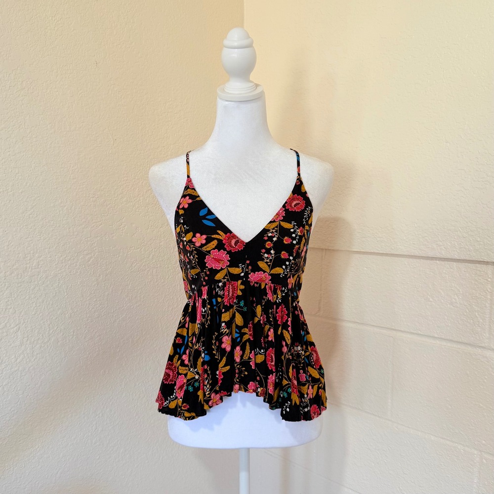 Express Peplum Babydoll Cami Top Women Small Black Floral Racerback Babydoll‎